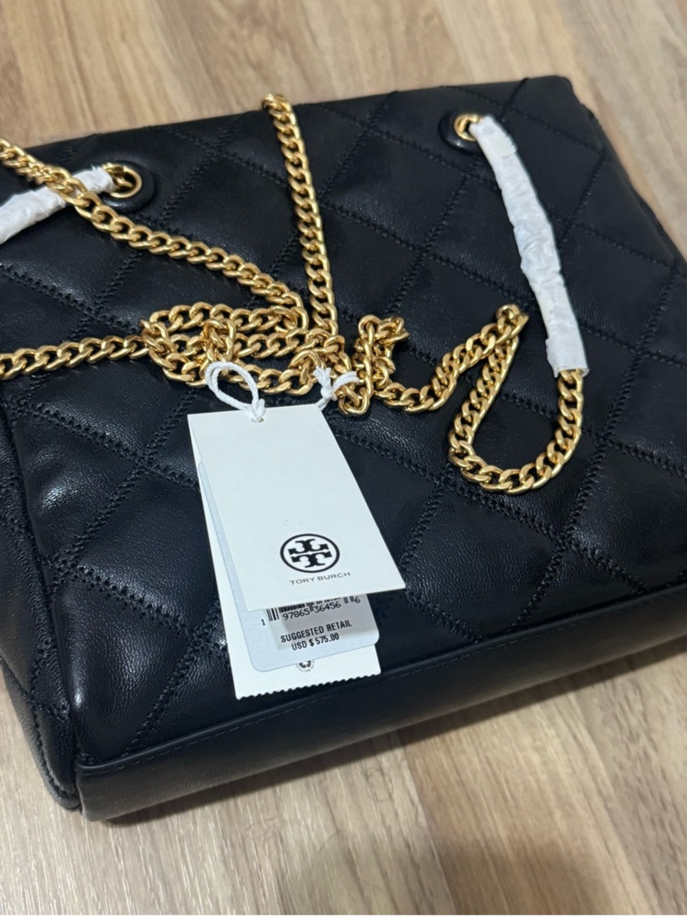 Tory Burch Black Quilted Leather Shoulder Bag with Gold Chain